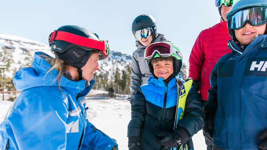 Family learning to ski in Kirkwood, CA.