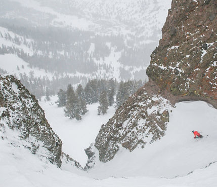 Skiing on a powder day in Kirkwood, CA.