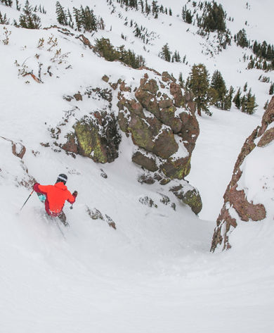 Skiing on a powder day in Kirkwood, CA.