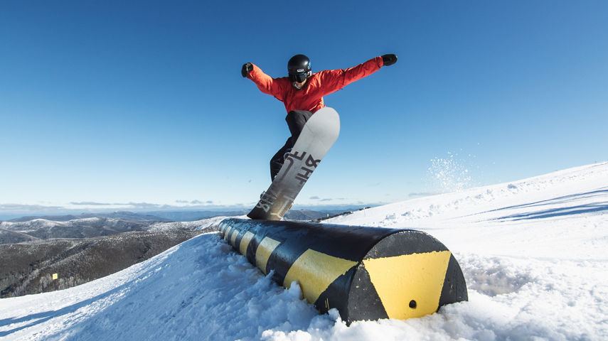  A snowboarder does tricks at the terrain park at Heavenly Valley at Hotham