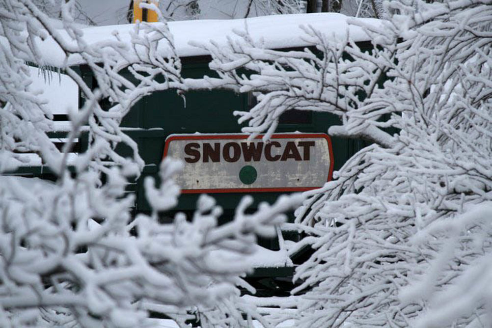 Snowcat Sign on Snowy Day at Wildcat Mountain
