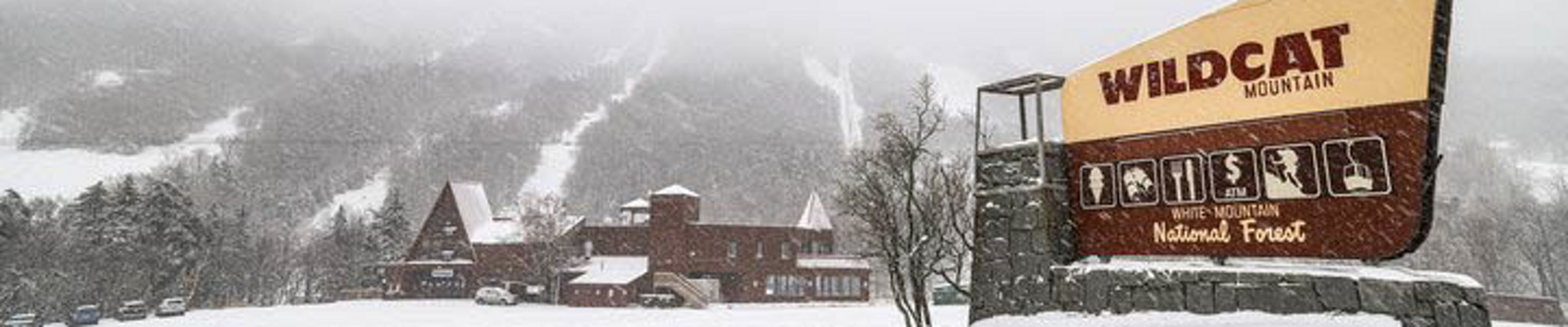 Wildcat Mountain Sign on Snowy Day
