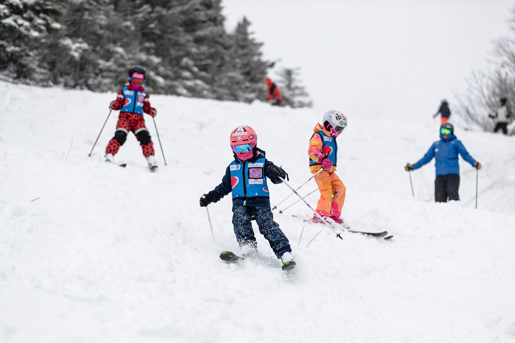 Group of Ski School Lesson Skiers Turn in Fresh Snow at Mount Snow