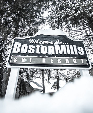 Boston Mills Ski Resort Sign on Snowy Day