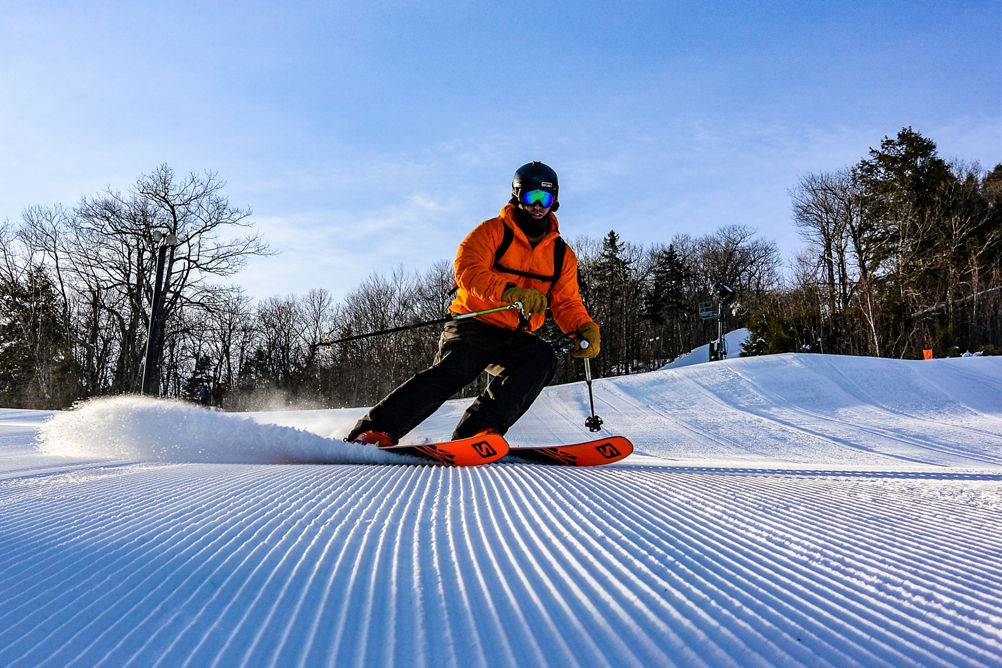 Skier Makes Turns Down Groomed Ski Run Crotched Mountain