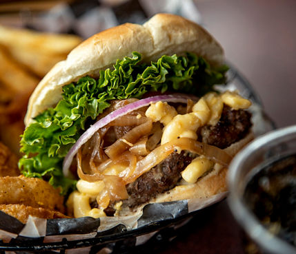 Mac and Cheese Burger, Onion Rings, Fries and Soda at Restaurant at Mount Snow