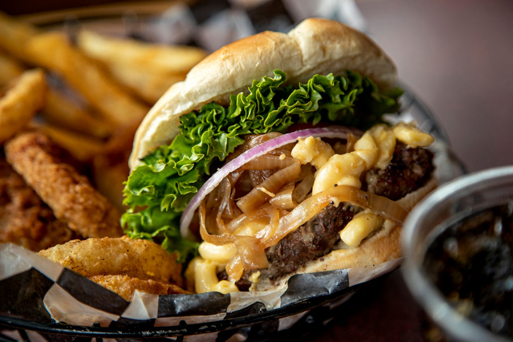Mac and Cheese Burger, Onion Rings, Fries and Soda at Restaurant at Mount Snow