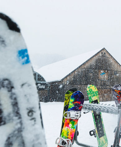 Ski Racks by Bluebird Express on Snowy Day at Mount Snow