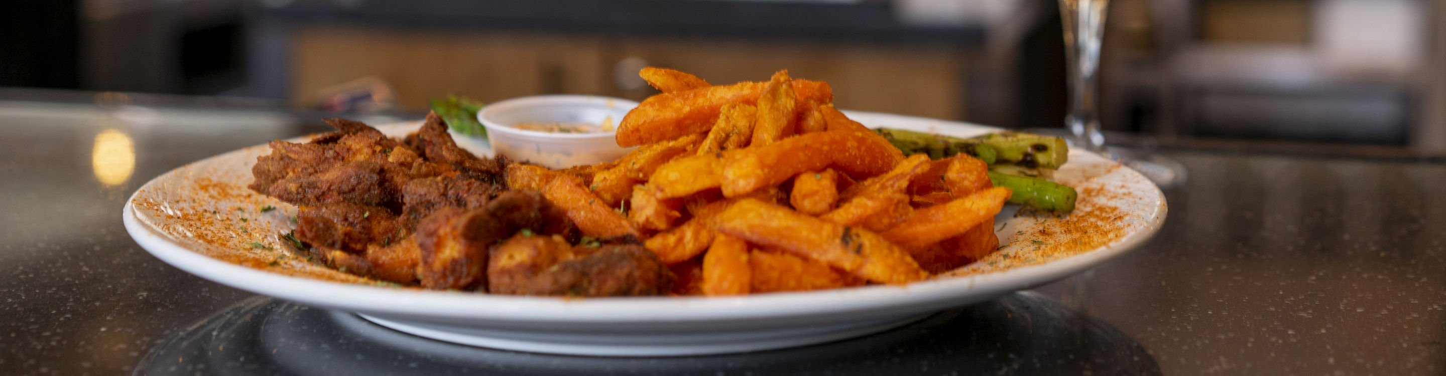 Meal with Sweet Potato Fries and Wine