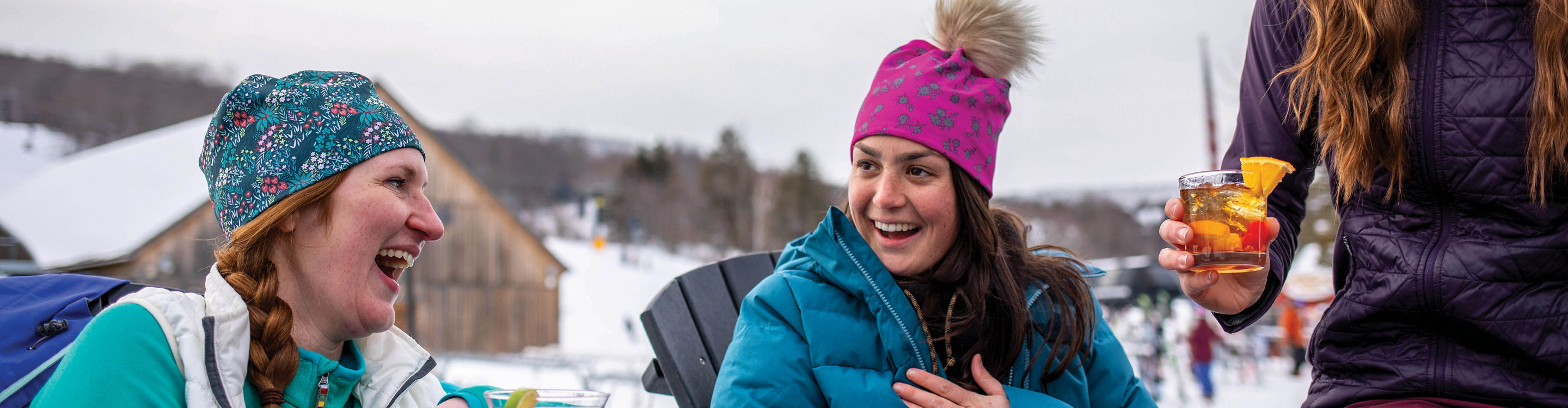 Group of Friends Enjoys Beer Apres Ski at Mount Snow