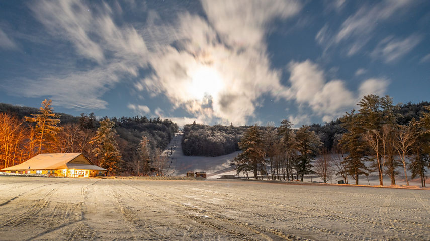 Clouds over Parking Lot and South Peak at Mount Sunapee