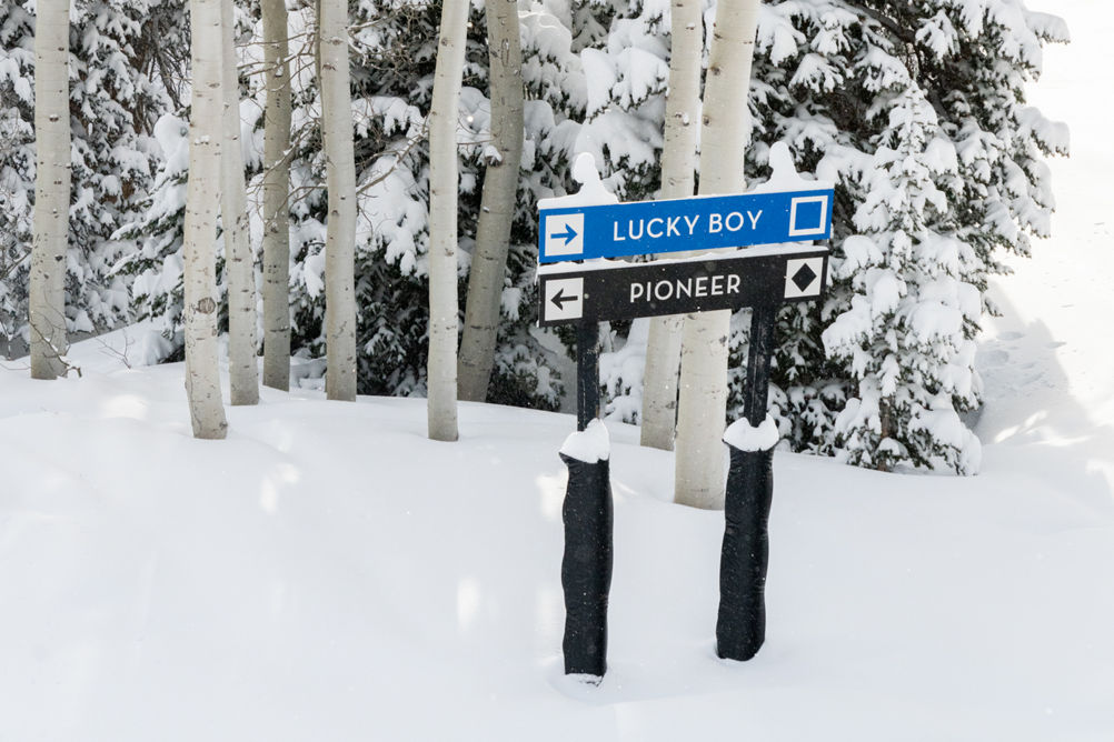 Lucky Boy + Pioneer Trail Sign at Park City