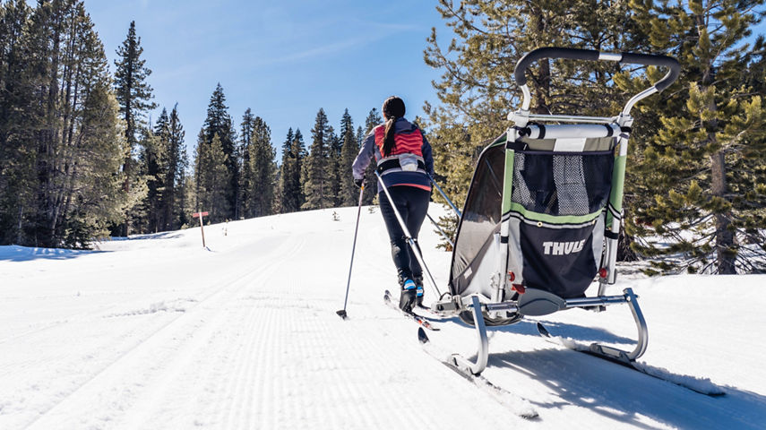 Mom Pulls Child Chariot on the Nordic Trails of Northstar California Resort