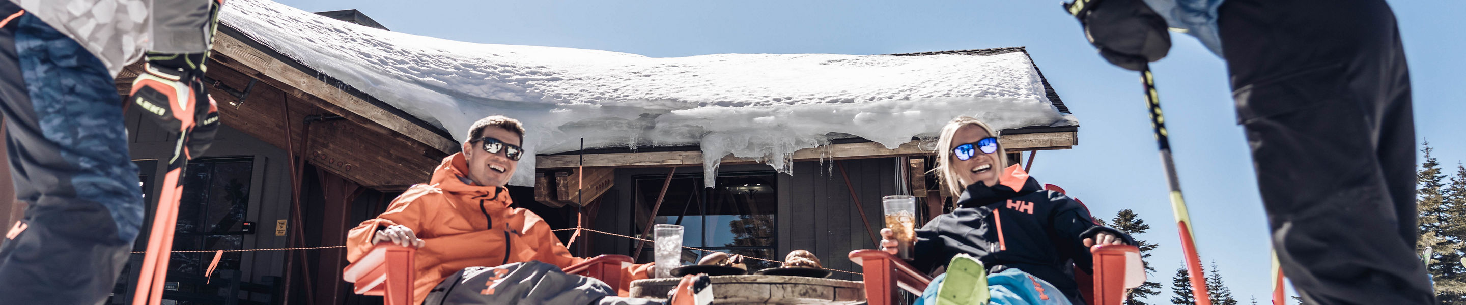 Kids Ski Up as Parents are Eating Lunch at The Summit Smokehouse at Northstar California