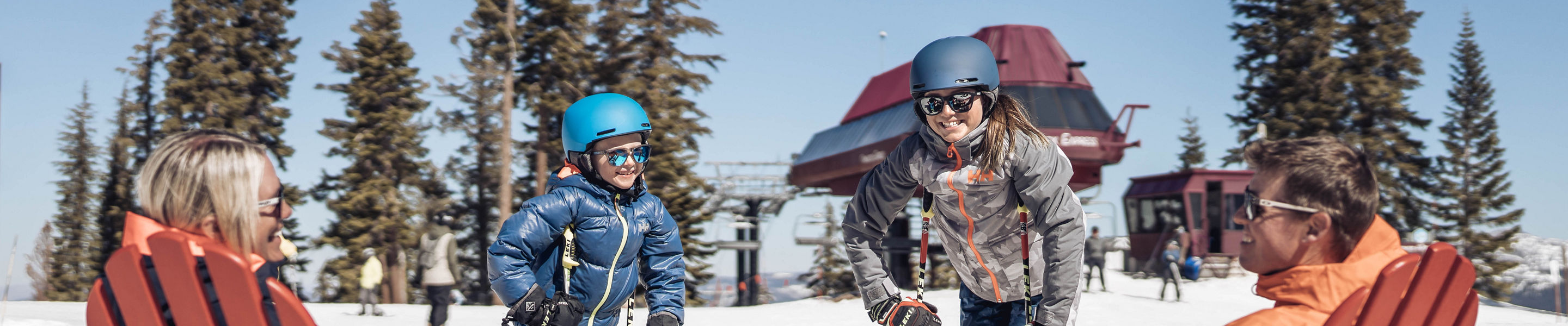 Kids Ski Up as Parents are Eating Lunch at The Summit Smokehouse at Northstar California