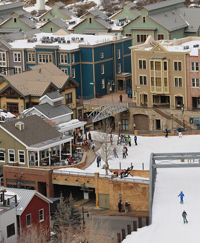 Friends Skiing into town at Park City