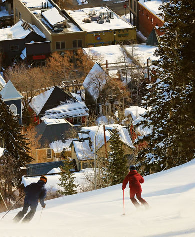 Friends Skiing into town at Park City