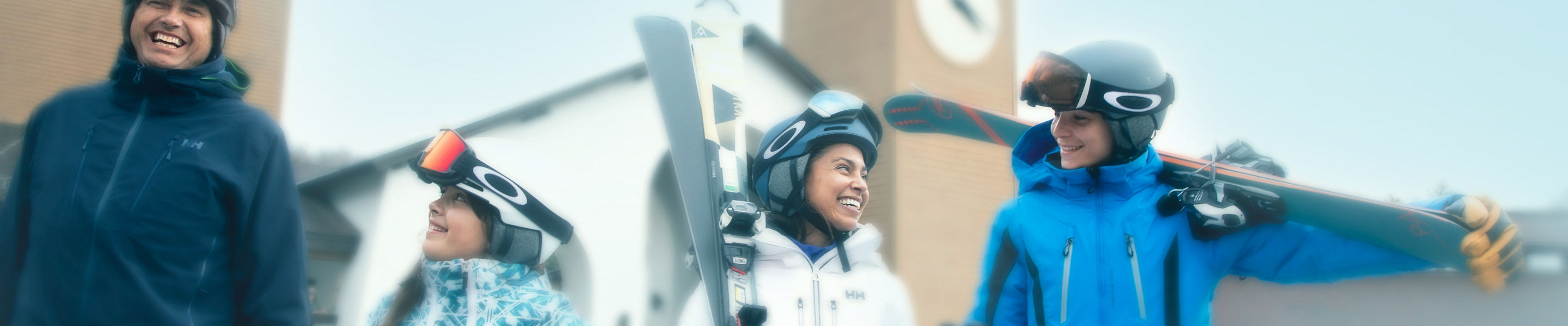 Family Walking in Clocktower Base Area at Okemo
