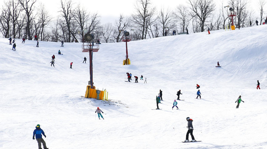 Guests skiing and snowboarding in the bowl at Snow Creek