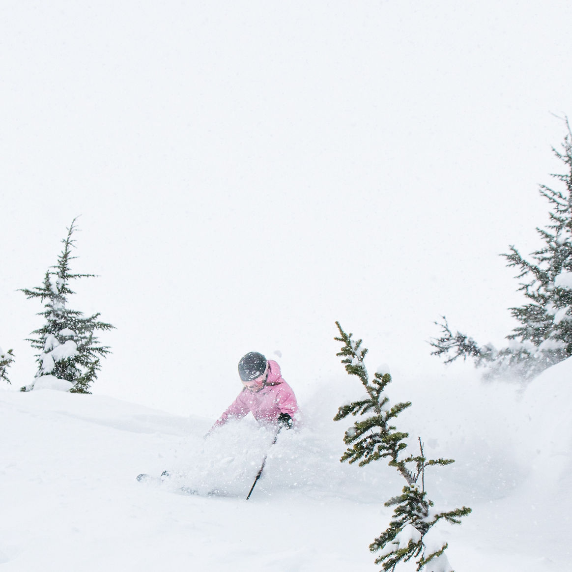 Chelsea Sullivan skiing powder near Crystal Chair, Blackcomb Mountain
