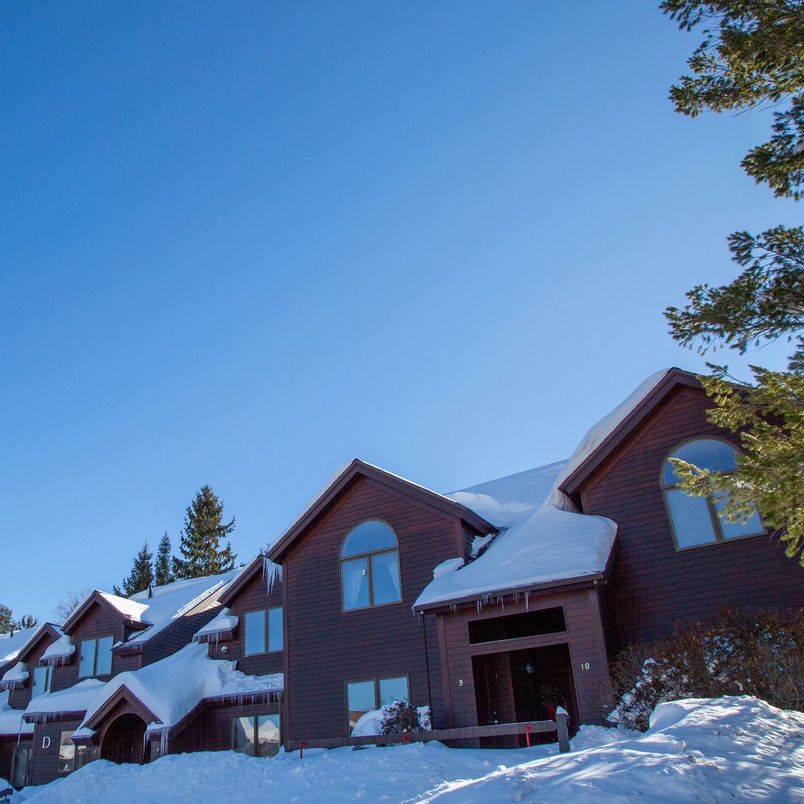 Liftside condos on a bluebird day at Hunter Mountain