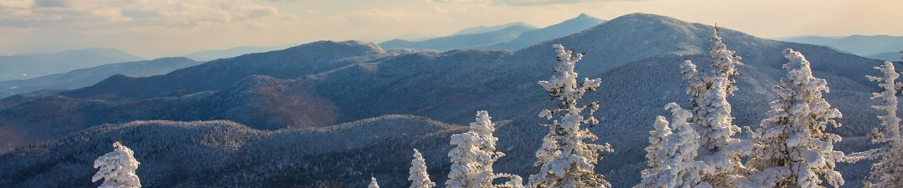 Snow-covered trees and mountains at Stowe