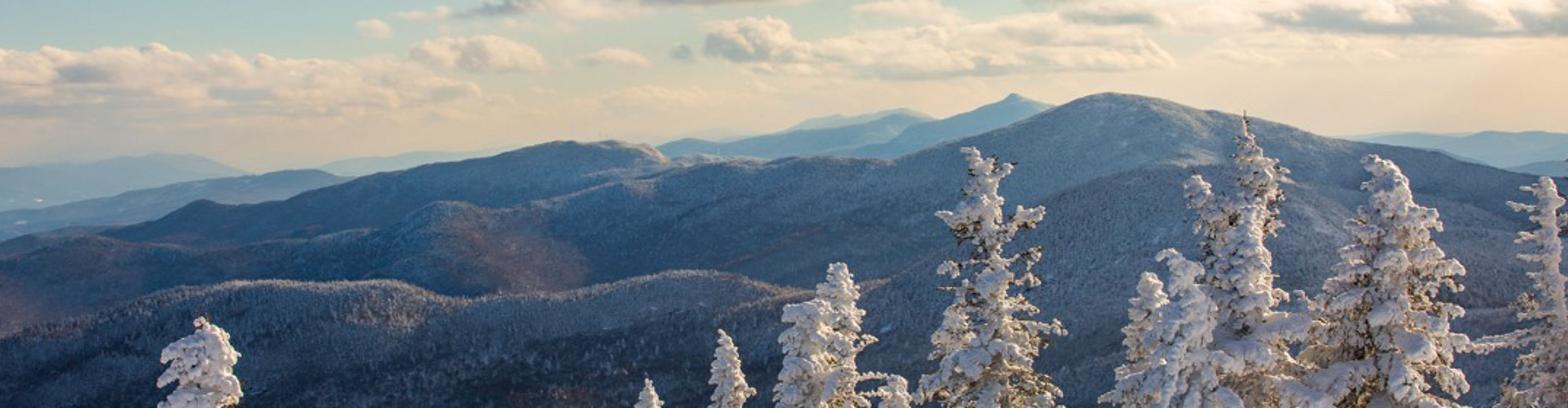 Snow-covered trees and mountains at Stowe