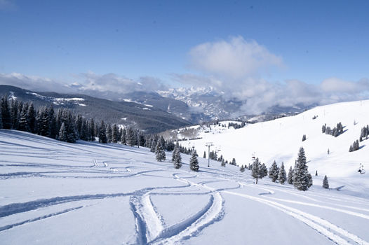 First tracks on a sunny winter day at Vail