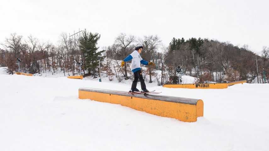 Skier on Rail in Terrain Park at Afton Alps, MN