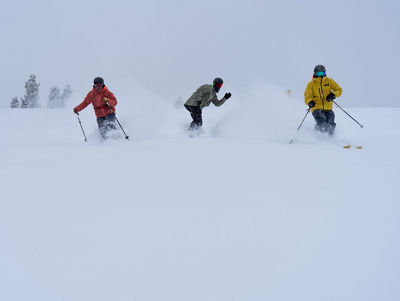 Friends enjoy a foggy day at Breck