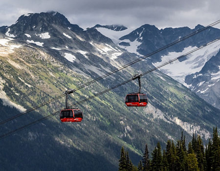 Scenic Shot of Gondolas at Whistler Blackcomb During Summer with Some Remaining Snow on the Mountaintops