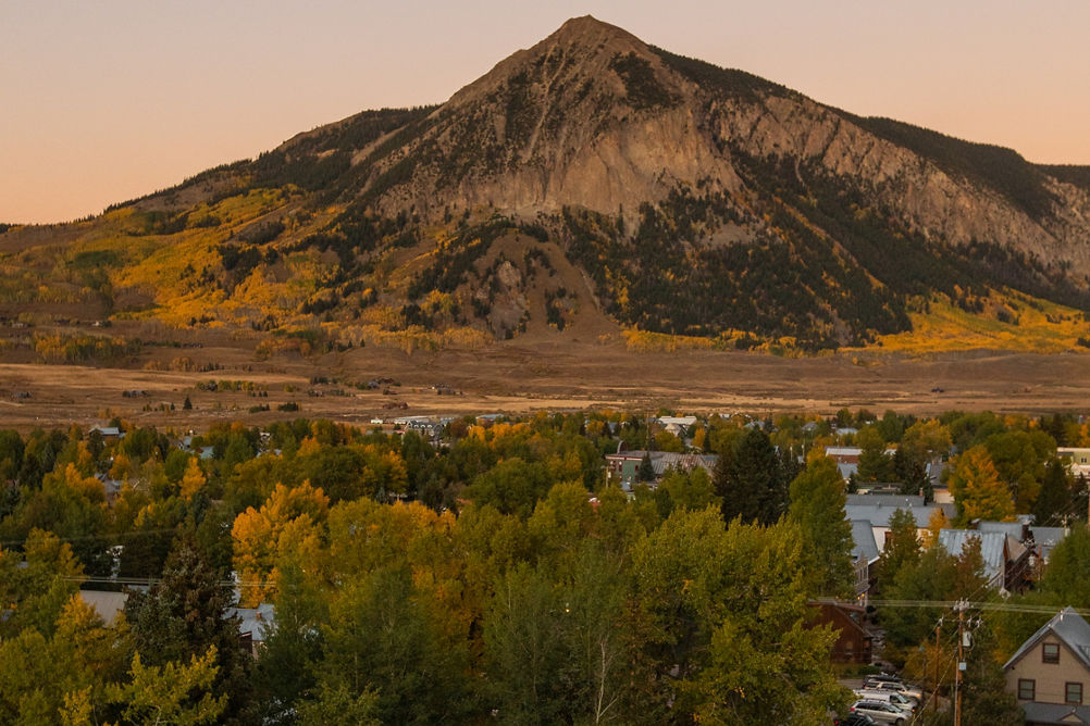 Mount Crested Butte above town during fall foliage