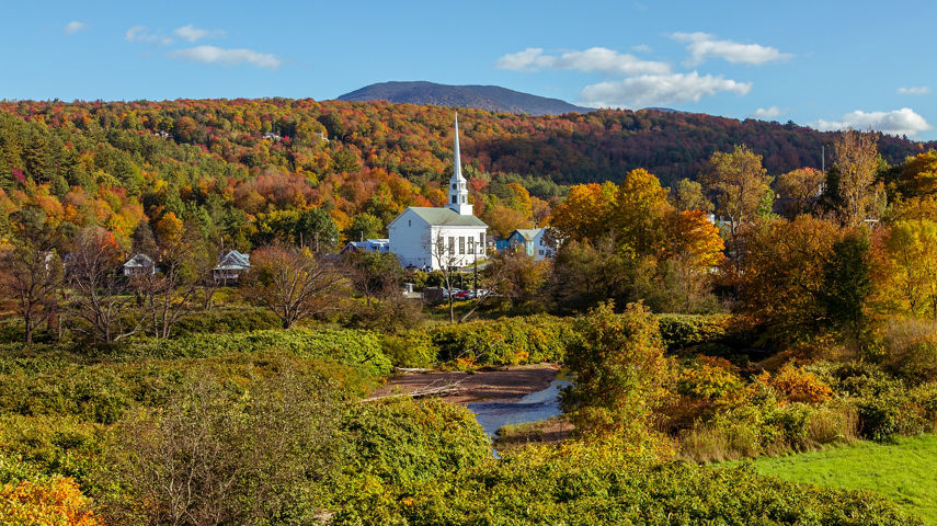 Stowe village church during foliage season