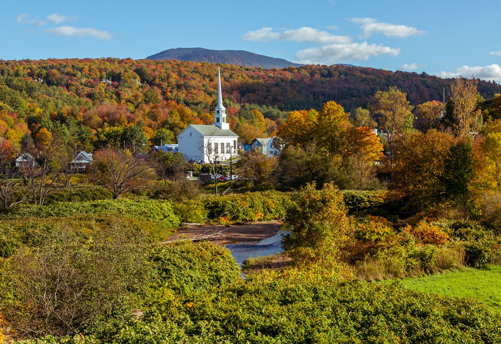 Stowe village church during foliage season