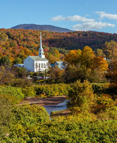 Stowe village church during foliage season