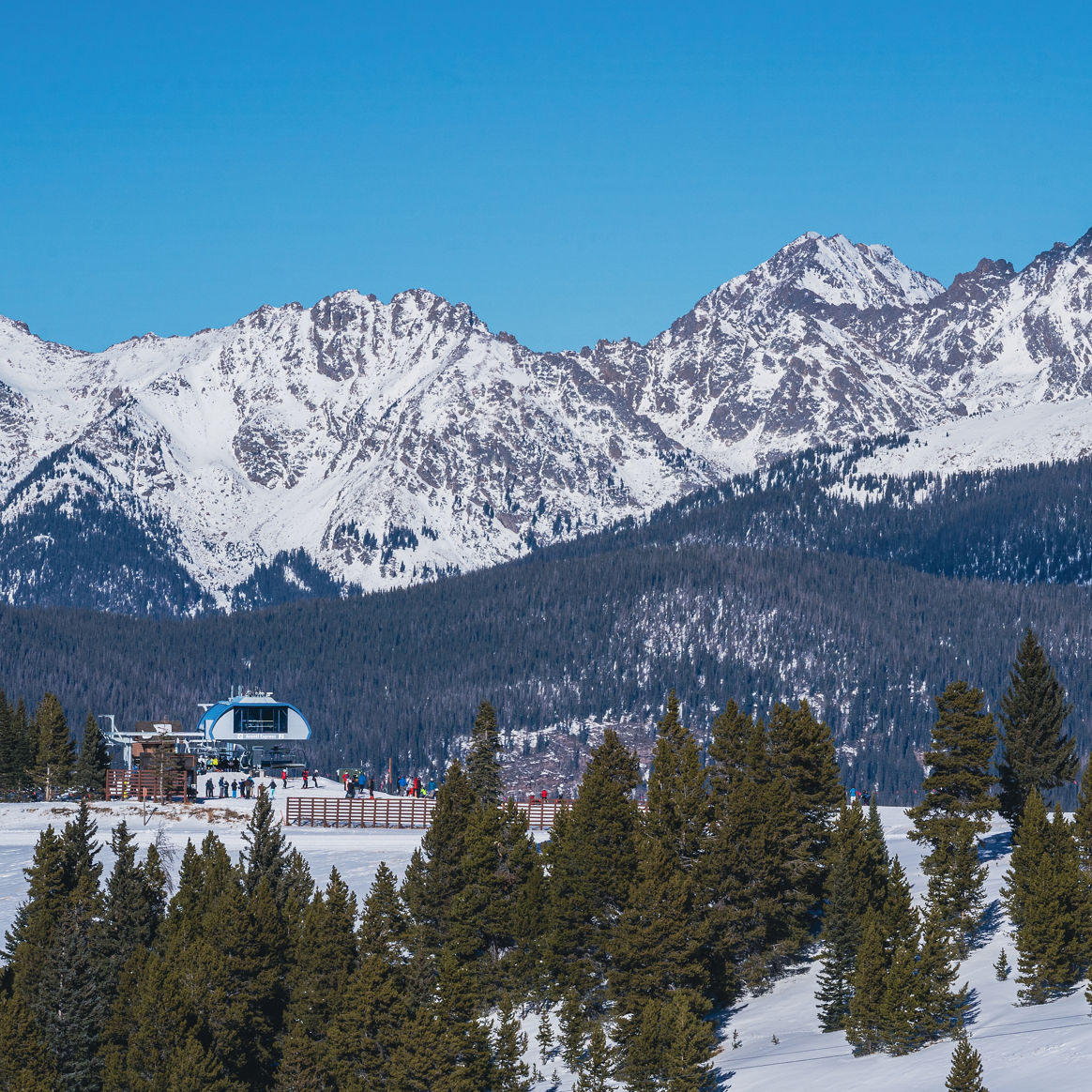 Top of Avanti Express on a Bluebird Day in Vail, CO