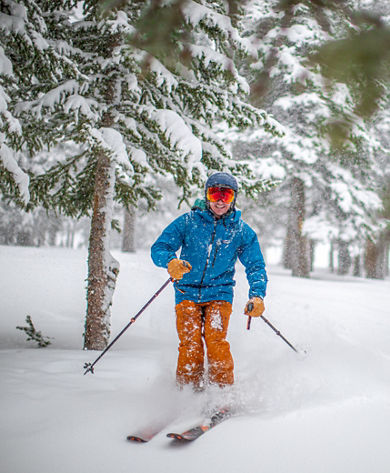 Skier Enjoys Powder in Trees in Vail, CO