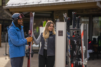 Resort Guest Picks Up Ski Equipment at Stowe