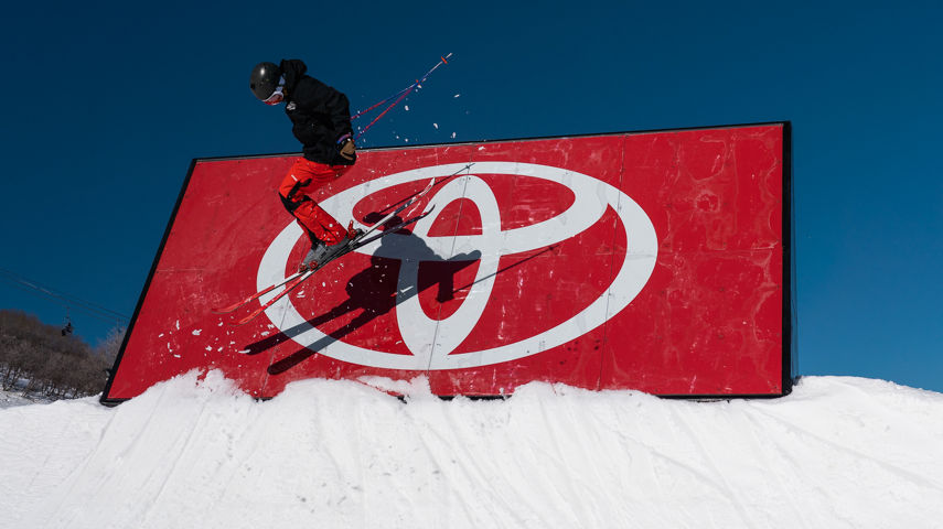 Skier Jumpsing off Toyota Ramp at Whistler Blackcomb Terrain Park