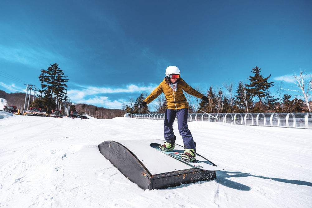 Snowboarder Hits Box in Grommet at Carinthia Parks at Mount Snow