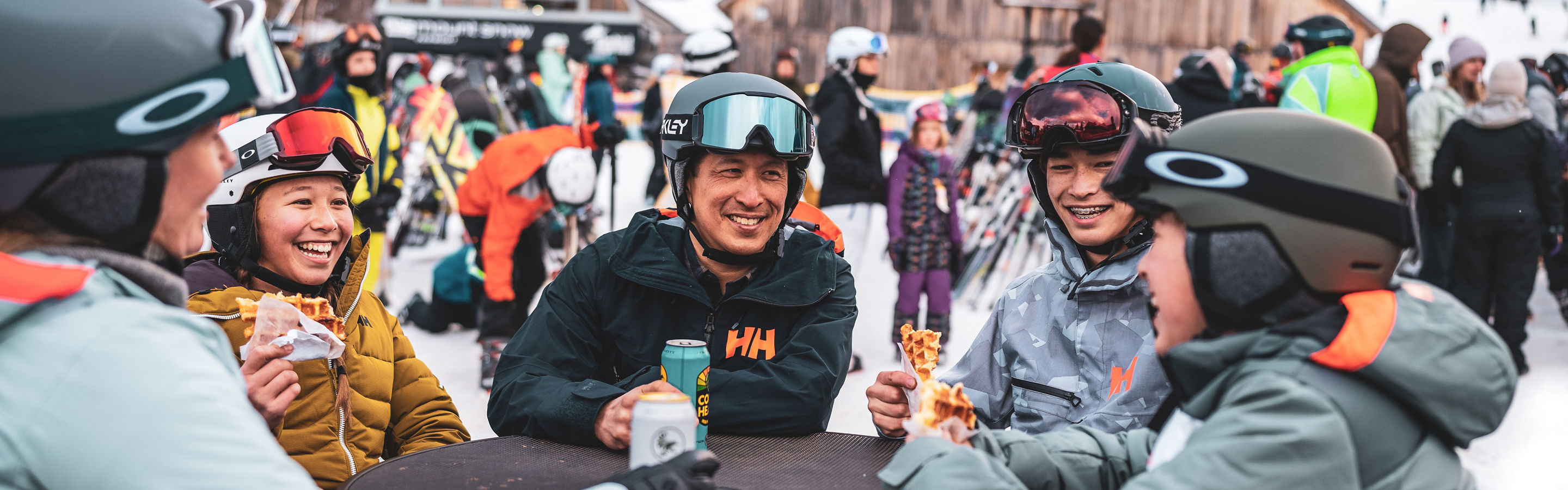 Family Enjoys Apr�s Waffles and Beers in Main Base Area at Mount Snow