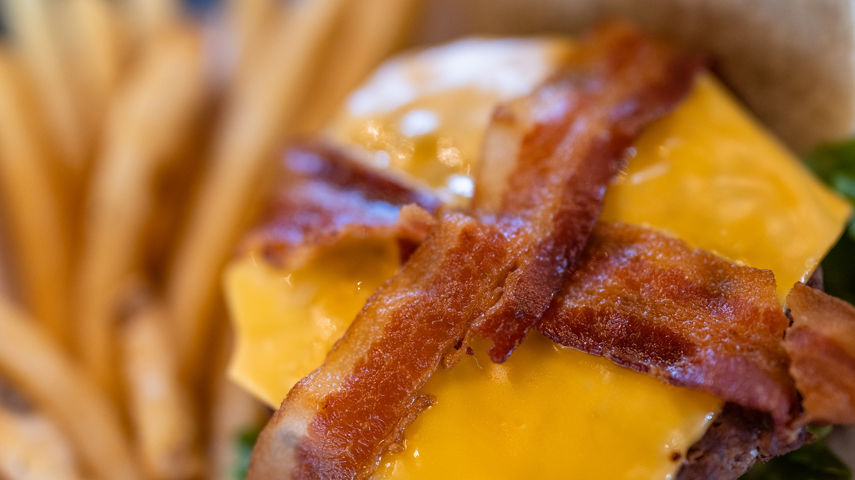 Close Up of Bacon Cheeseburger and Fries at Sugar House