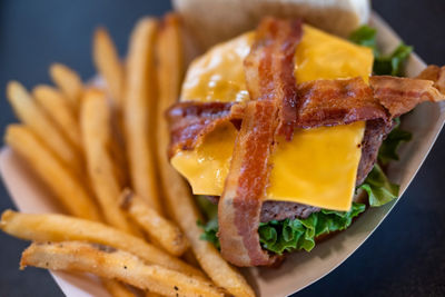 Close Up of Bacon Cheeseburger and Fries at Sugar House