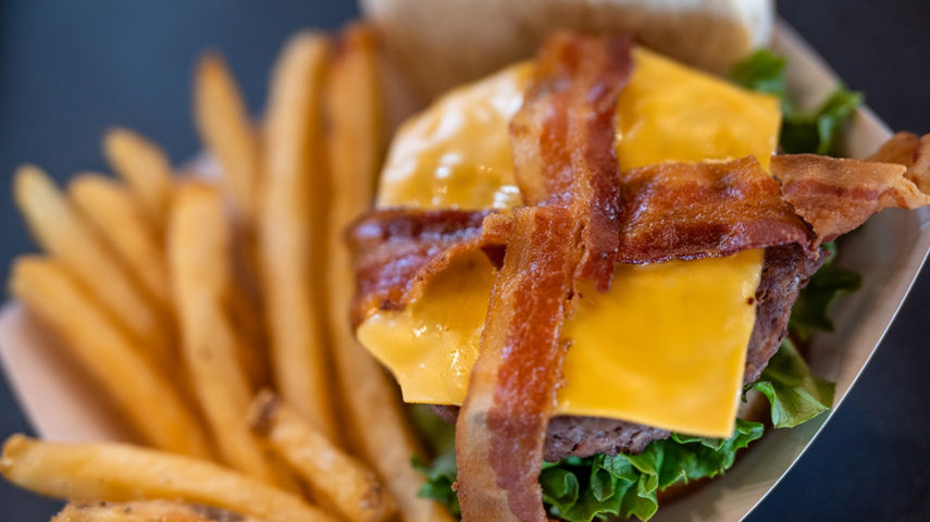Close Up of Bacon Cheeseburger and Fries at Sugar House