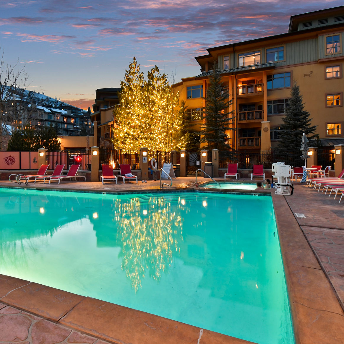 Outdoor Swimming Pool at  Night at the Sundial Lodge at Park City Mountain Resort