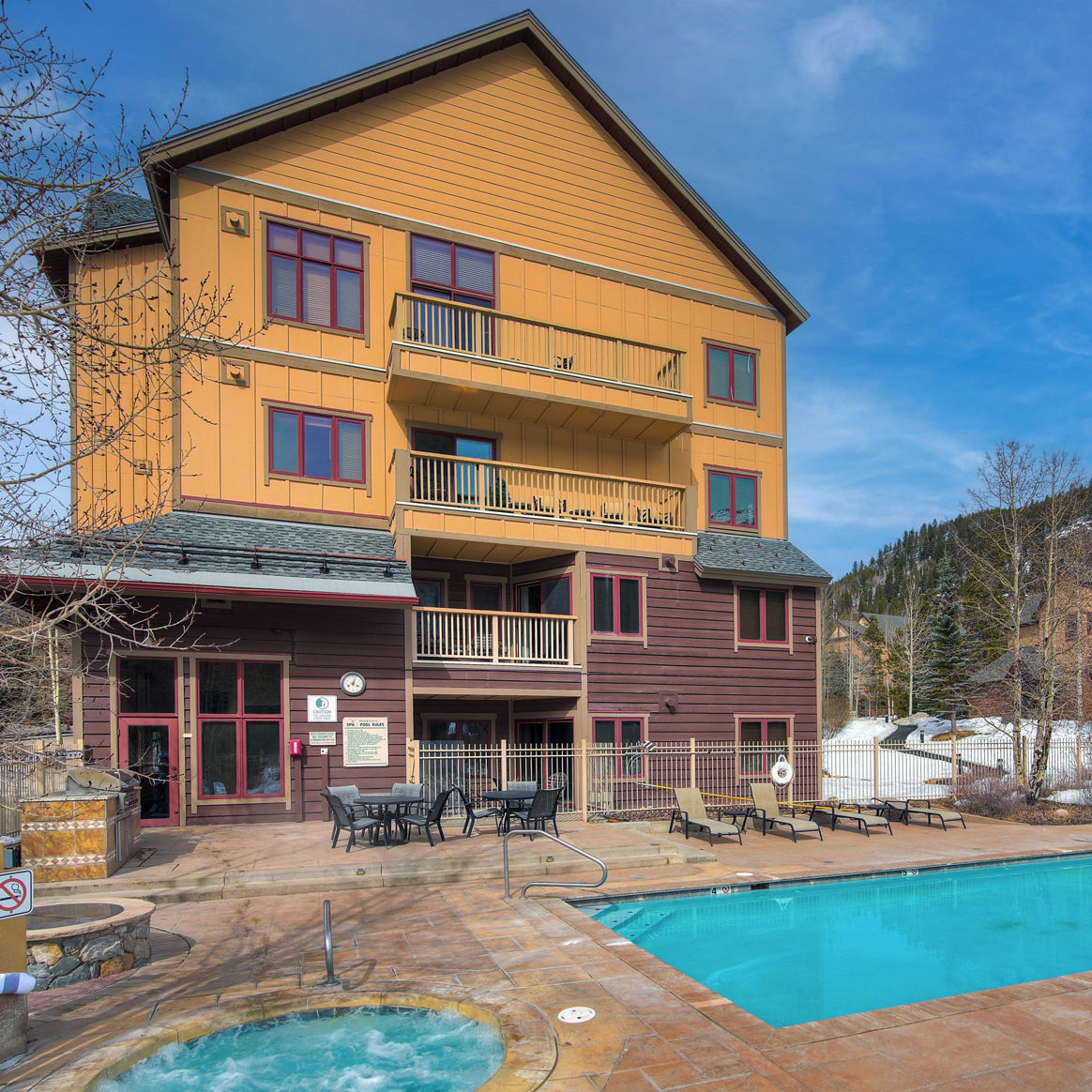 Exterior and Outdoor Pool Area at the Red Hawk Lodge at Keystone Mountain Resort 