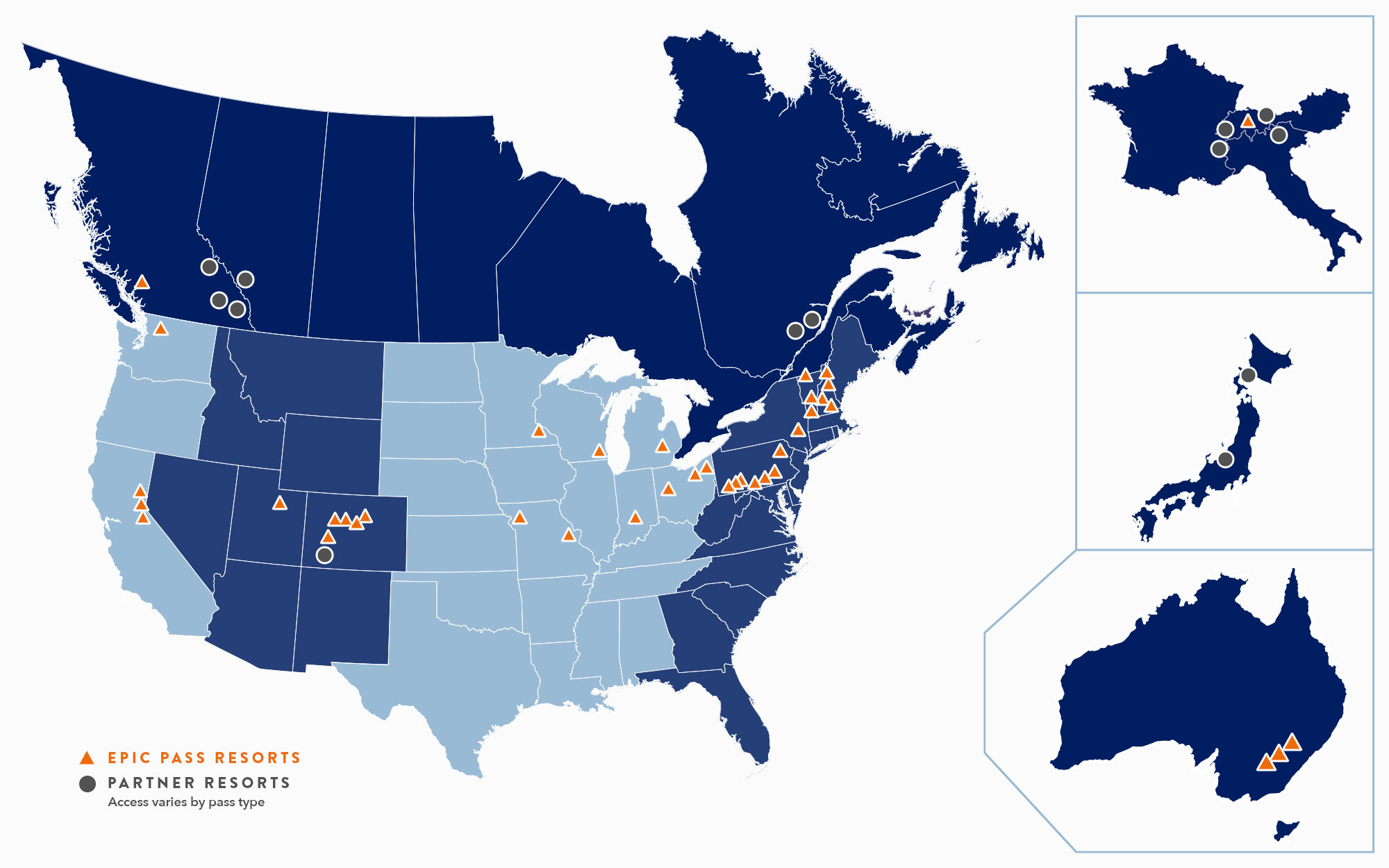 Map of all the Resorts you can visit with an Epic Pass (Vail  Owned/Partners) : r/MapPorn