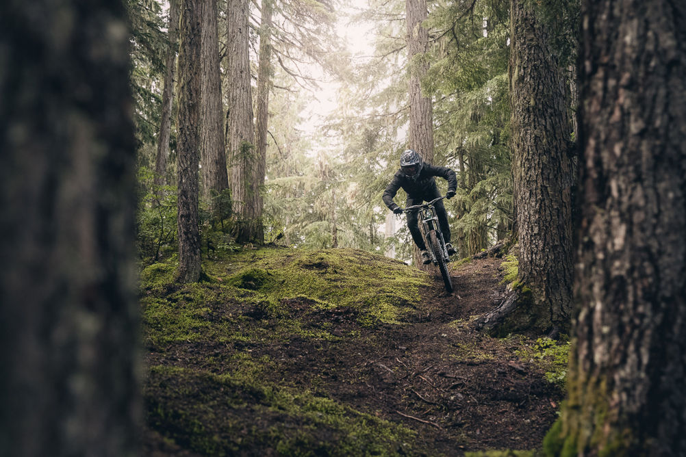 Mountain biking down loam in Creekside