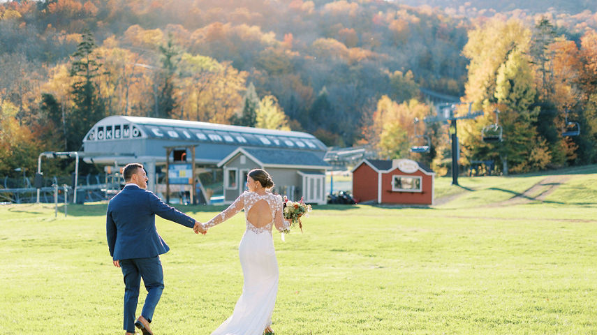 Fall Wedding Bride and Groom Portrait at Okemo Jackson Gore Courtyard