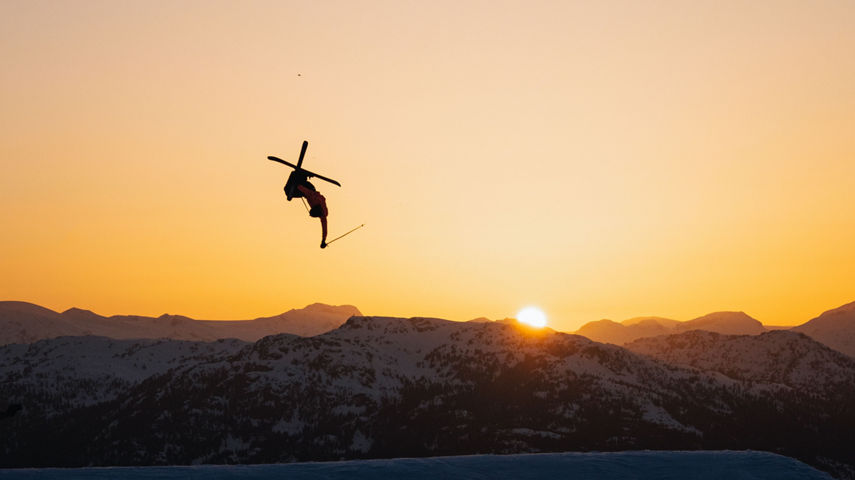 Dramatic Sunset View of Snowboarder at Whistler Blackcomb Terrain Park